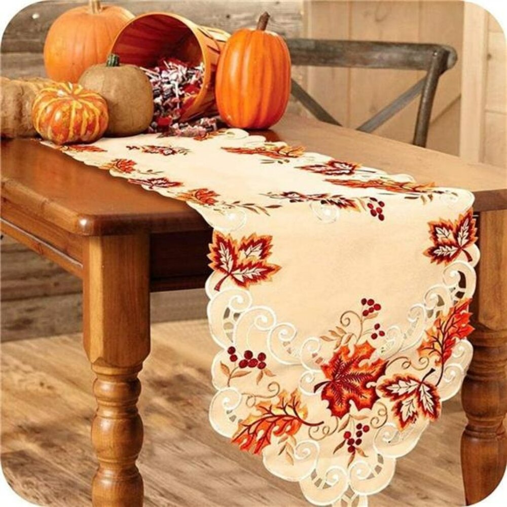 Embroidered fall table runner maple leaves harvest thanksgiving table linen deco